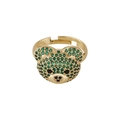 Gold plated bear ring featuring micro-pave green zircons and an adjustable open band design - Green Zirconia Bear (Style 7)