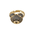 Adjustable gold plated bear ring with blue zircon pave setting and cute animal design - Blue Zirconia Bear (Style 8)