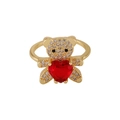 Golden bear ring featuring a red heart gemstone and white zircon micro-pave setting - Sitting Bear Red Heart (Style 9)