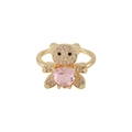 Gold bear ring with pink heart gemstone and micro-paved white zircons on a thin band - Pink Heart Gem Bear (Style 11)