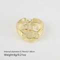 Detail view of gold dollar sign ring showing size specs and hammered texture - Dollar Sign Style (1063) / Gold