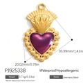 Golden heart-shaped stainless steel pendant with purple stone and floral motifs - Purple Heart Floral Style (PJ92533B)