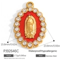Goldener Edelstahl-Anhänger Jungfrau Maria mit rotem Emaille und weißen Strasssteinen - Roter Emaille Madonna Strass-Stil (PJ92646C)