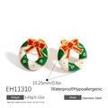 Stainless steel Christmas wreath earrings with red bow and colorful enamel finish - Red Bow Ruby Xmas Wreath (EH11310)