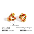 Golden heart-shaped stainless steel earrings with red and green Christmas enamel - Gold Red Green Enamel Heart Studs (EH11311)