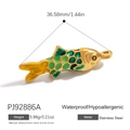 Golden stainless steel fish pendant with green enamel scales and dimensions shown - Gold Green Scale Fish Pendant (PJ92886A)
