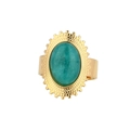 Macro shot of punk style gold ring with large green oval stone and retro beaded texture - Sunburst Oval Green Stone Style (R631-GO-B)