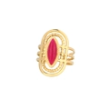Close-up of bohemian gold ring featuring a large oval red stone with beaded edges - Pink Marquise Gem Multi-layer Hollow Style (R629-GO)