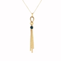 Detail of gold tassel necklace with blue teardrop gemstone and polished metal bead - Blue Teardrop Tassel Necklace (N2189-GO)