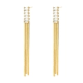 Detail of gold tassel earrings with rectangular zircons and layered herringbone chains - Rectangle Zirconia Tassel Earrings (E1120-GO)