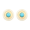 Detail of round gold earrings with turquoise stone and white enamel in lattice pattern - Retro Round Stud Style (E1069-GO-G)