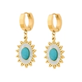 French retro sunburst drop earrings with blue turquoise and pearl inlay in gold plating - Sun Flower Pendant Style (E1137-GO)