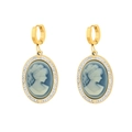 Macro detail of vintage cameo drop earrings with blue relief and crystal halo - Oval Portrait Cameo Style (E1127-GO-B)
