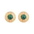 Boucles d'oreilles rondes dorées vintage avec malachite verte et détails en relief - E1482 Clous Ronds à Motif Malachite