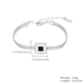 Close-up of square pendant with black center and zircons on silver snake chain bracelet - Silver Square Black Stone Zirconia Style (B2403-ST)