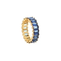 Detailed view of eternity ring with rectangular blue stones in a gold claw setting - Rectangle Cut Style / Blue (R894-GO-B)