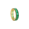 Close-up of gold eternity ring with emerald-cut green zirconia stones in claw setting - Rectangle Cut Style / Green (R894-GO-G)