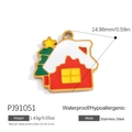 Stainless steel Christmas house pendant with red enamel details and size measurements - Enamel Christmas House Pendant (PJ91051)
