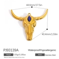 Golden stainless steel bull skull pendant with blue marquise stone and waterproof finish - Bull Skull Blue Stone Style (PJ93139A)