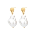 Detail of gold shell studs with elegant white baroque pearl drops on a clean white background - Shell Style (E856-GO)
