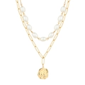 Detail of elegant French retro pearl and gold paperclip layered necklace with pendant - Double Layer Paperclip Pearl Necklace (N2159-GO)
