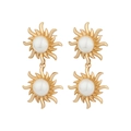 Detail of vintage French gold sun earrings with embedded pearls and metallic texture - Double Layer Starburst Pearl Earrings (E1028-G0-W)