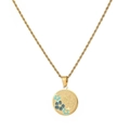 Golden rope chain necklace featuring a blue enamel hibiscus flower coin pendant - Blue Enamel Flower Pattern Style (N2267-GO)