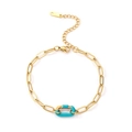 Gold paperclip chain bracelet featuring a teal enamel link and adjustable lobster clasp - Blue Enamel Decoration Bracelet (B2037-GO-B)