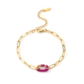 Detailed macro view of golden paperclip chain bracelet with purple enamel carabiner - Purple Enamel Decoration Bracelet (B2037-GO-P)