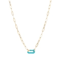 Detailed close-up of a gold chain necklace with turquoise blue oval enamel pendant charm - Blue Enamel Decoration Necklace (N2080-GO-B)
