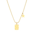 Detail of gold titanium necklace featuring checkered pendant and small star charm - Checkerboard Square Star Style (N2420-GO)