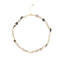 Detail of irregular natural stone necklace with gold beads and lobster clasp closure - Black Rutilated Stone Style (N2372-GO-BL)