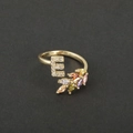 18k gold plated adjustable ring with zircon letter E and colorful marquise gemstones - Letter E / Gold