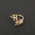Adjustable gold plated ring with crystal letter H and colorful marquise zircon leaf - Letter H / Gold