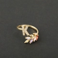 18k gold plated ring featuring a micro-pave letter K and colorful zircon leaf accents - Letter K / Gold