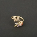18k gold plated adjustable ring featuring letter M and multi-color zircon leaf design - Letter M / Gold