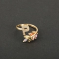 18k gold plated open ring featuring letter P and colorful marquise-shaped zircon leaves - Letter P / Gold