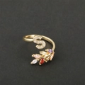 18k gold plated adjustable ring featuring letter S and multicolor zircon leaf cluster - Letter S / Gold