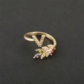 18k gold plated open ring featuring a crystal letter V and colorful marquise gemstones - Letter V / Gold