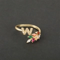 18k gold plated open ring featuring a micro-pave letter W and multi-color gemstones - Letter W / Gold