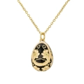 Russian egg pendant necklace featuring black enamel with pink floral pattern on gold chain - Black Base Pink Flower (Style F)