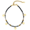 18K vergulde roestvrijstalen kralenarmband met natuursteen en hangende ronde schijfjes - Zwarte Stijl (SB210102B)