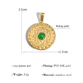 Pendentif doré en acier inoxydable avec pierre verte et gravure soleil - Style Motif de Rayon Aspect Jade Rond (SAC22031437)