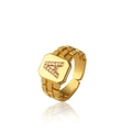 Vintage gold adjustable ring with letter A crystal pavé and watchband link texture - A Gold