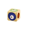 Golden cube charm for DIY jewelry with colorful enamel evil eye designs on white background - Deep Blue Style (A)