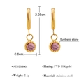 PVD 18K gold plated stainless steel hoop earrings with pink synthetic stone pendant - Pink Synthetic Stone Round Pendant (SE010306)