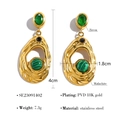 Retro 18K gold plated stainless steel earrings with green zircon and malachite stone - Malachite Zirconia Geometric Style (SE23091402)