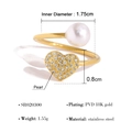 18K gold-plated stainless steel ring with white pearl and paved heart charm, 1.75cm size - Heart and Pearl Style (SR020300)