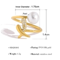 Adjustable 18K gold-plated stainless steel ring with white pearl and paved zircons - Abstract Cross Pearl Style (SR020301)