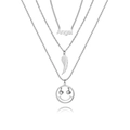 Collier multicouche argenté avec pendentif Angel, plume et charm visage souriant - Style Multicouche Ange Plume Sourire (N878-Couleur Acier)